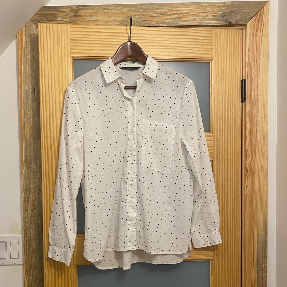 Zara white polka dot button down shirt